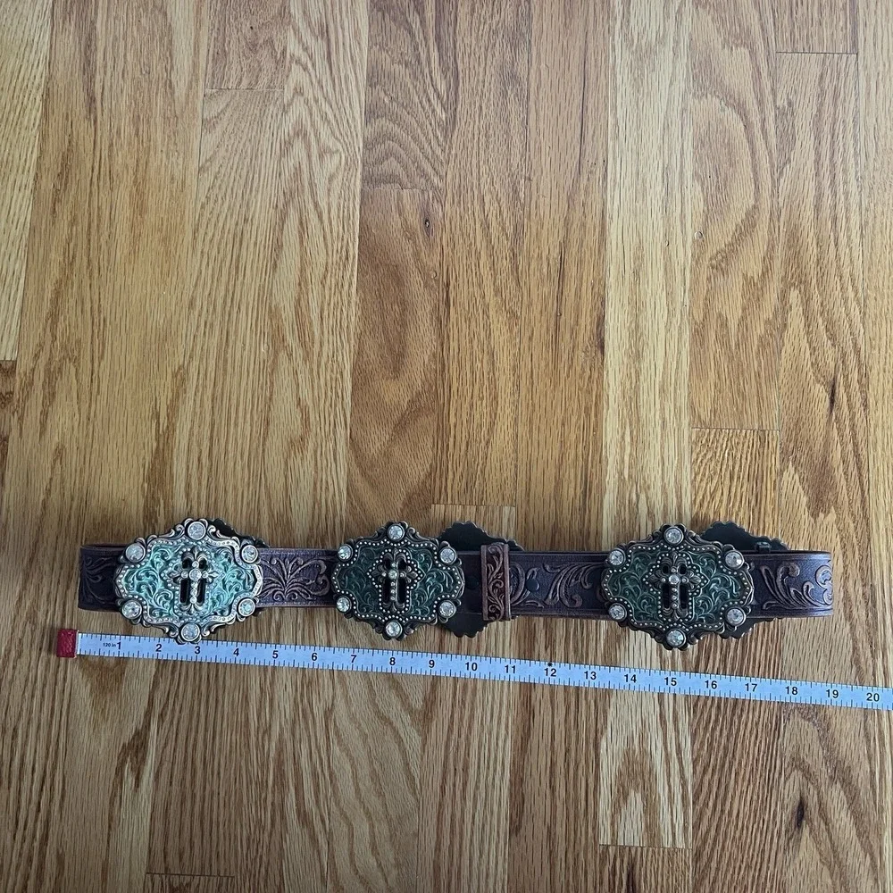 Tony Lama Brown Tooled Leather Swarovski Crystals‎ Concho Cross Western Belt 38